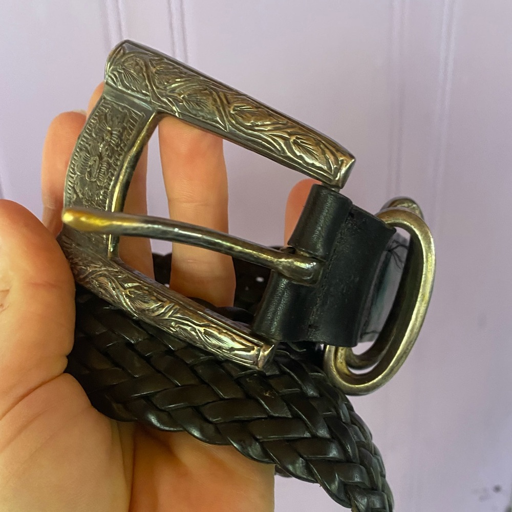 Vintage Jennifer Graham Braided black Leather Belt with silver Ornate Buckle